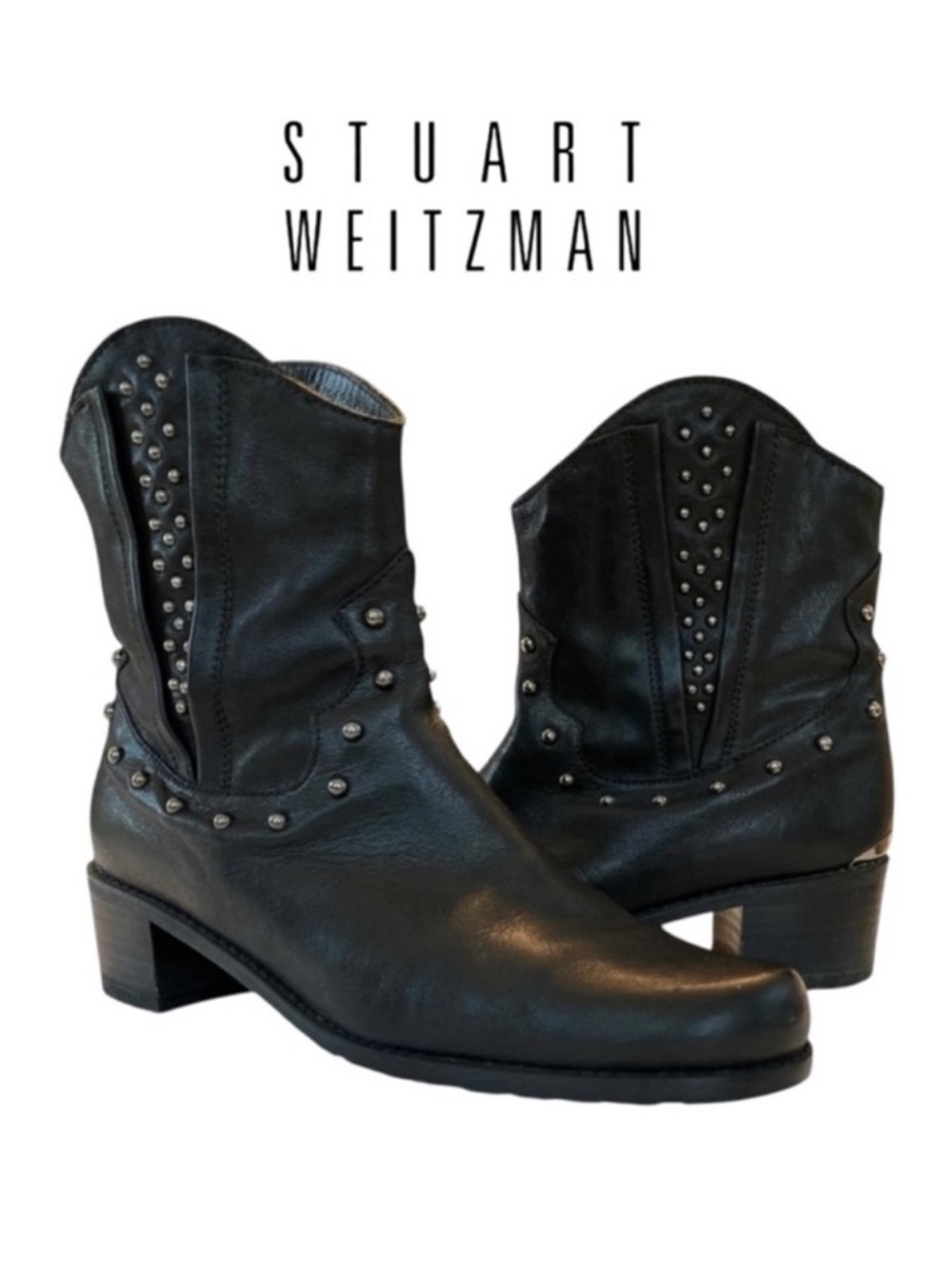 Stuart Weitzman Black Leather Studded Western Cowboy Boots Size 7